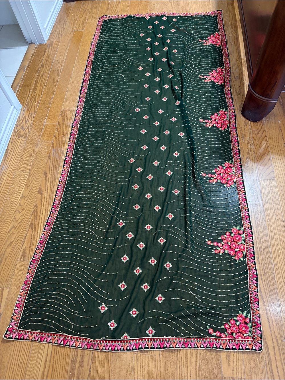 Dark green chiffon ethnic Indian saree gold sequin heavy floral embroidery Saree